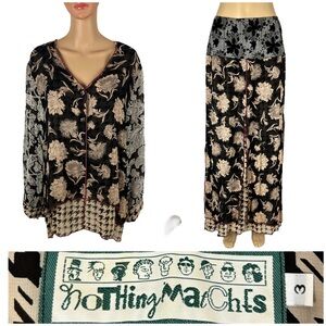 Nothing Matches 2 Pc Set Outfit Shirt Blouse Top 3 Skirt 2 Art Wear Boho Floral